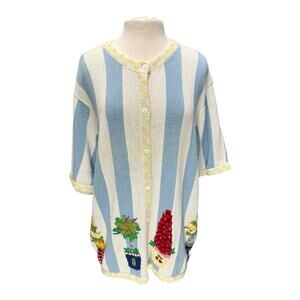 QUACKER FACTORY Striped Sweater 1XL Checkered Embroidery Fruit Grandma Coastal